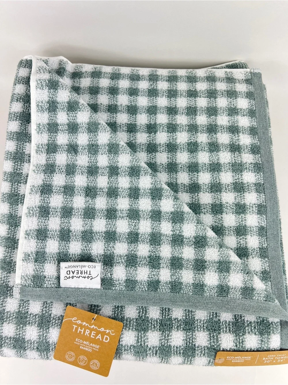 Common Thread Bath Towels Light Green White Check Eco-Melange Bamboo 2 Pc NEW